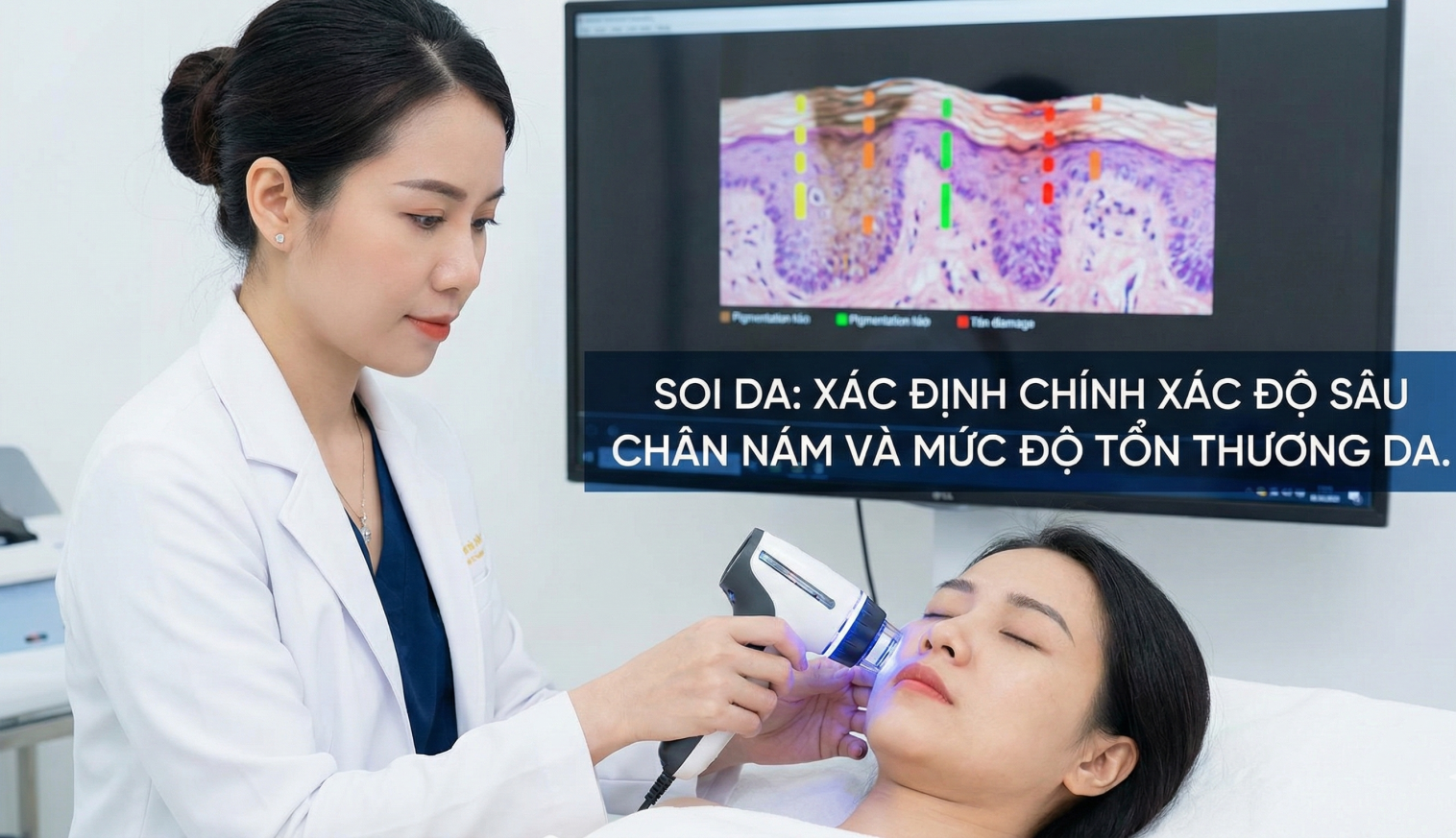 Bác sĩ Da liễu soi da và phân tích tình trạng sắc tố dưới da cho khách hàng