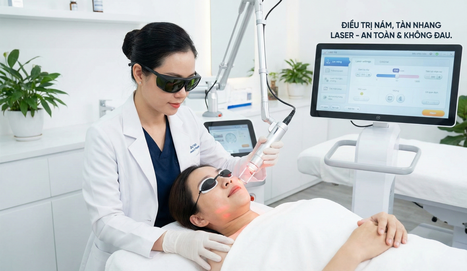 Bác sĩ thực hiện bắn Laser điều trị nám, tàn nhang an toàn, không đau