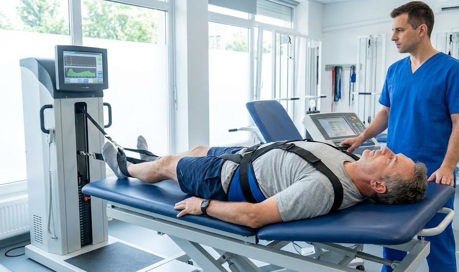 Bệnh nhân đang được điều trị bằng máy kéo giãn cột sống tự động giúp giảm áp lực đĩa đệm