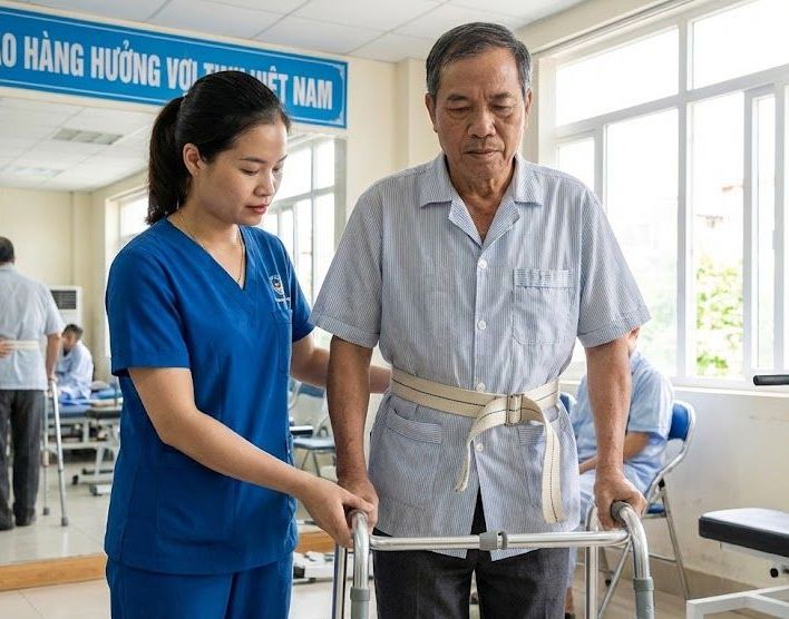 Kỹ thuật viên kiên nhẫn tập đi cho bệnh nhân sau tai biến tại phòng tập phục hồi chức năng