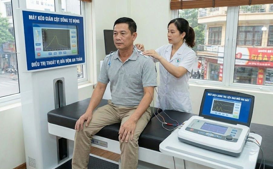 Bệnh nhân đang được điều trị đau mỏi vai gáy bằng máy điện xung trị liệu